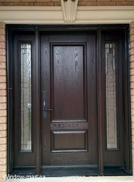 Fiberglass front door and two sidelights. Stained. Sidelite stained glass inserts. Multipoint lock